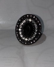 Oval Black Crystal Halo Cocktail Ring Clear Crystal Accents Silver