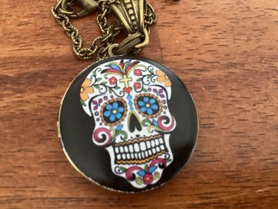 20  Black Day of Dead Skull Locket Antique Look Bronze Chain & Bail