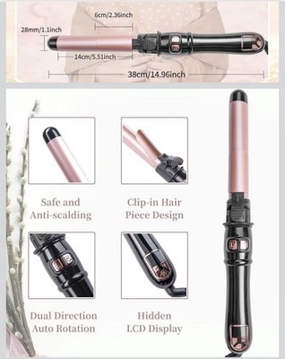 Automatic Rotating Curling Iron 28mm Pink Black Ceramic Dual Direction LCD Safe