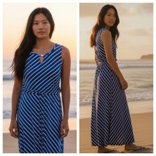 Talbots Maxi Dress Sz Small Cobalt Blue White Striped Slvlss Nautical Coastal b