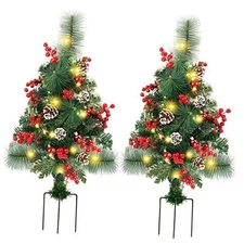  2 Pack 2 Ft Pre-Lit Pathway Christmas Trees with Stake, Battery Traditional