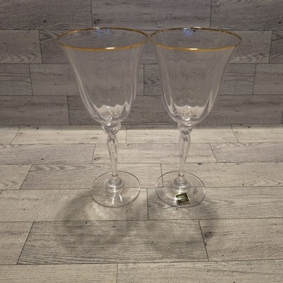 Set of 2 Oneida Crystal Chateau Gold 8'' Tall Wine Glasses Retired Twisted Stem