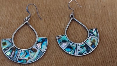 Vintage Alpaca Mexico Abalone Inlay Dangle Earrings half circle Shell Turquoise