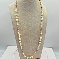 Vintage Boho Mother of Pearl Shell Beaded Necklace Cream Green Floral Accents