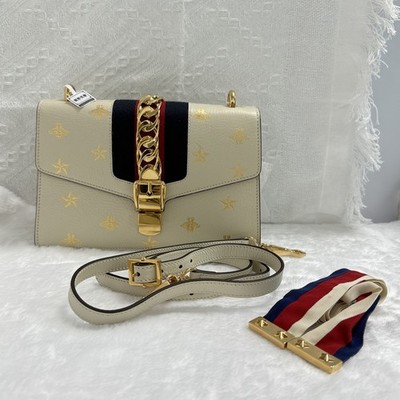 AUTH Gucci Sylvie Bee Star Shoulder Bag Off White Leather Gold Hardware 2 Straps