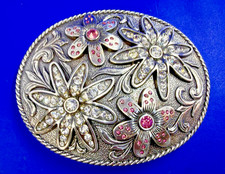 Floral Flower Western Cowgirls Belt Buckle With Pink Clear Rhinestone Accents
