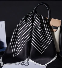 100% Silk Mulberry Black line Print Bandana 27'' Neckerchief Scarf Shawl wrap 