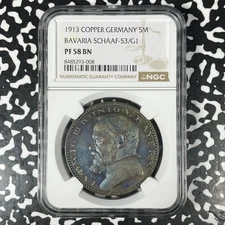 1913 Germany Bavaria 5 Mark Karl Goetz Pattern NGC PR58BN Lot#G1313 Proof!