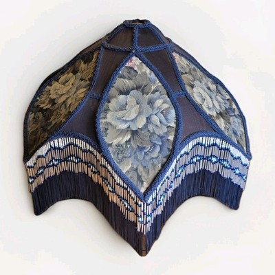 Victorian Downton Abbey Traditional Blue White Beaded Tassel Lampshade  23in