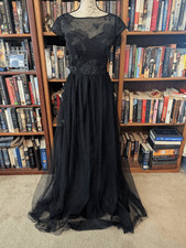 Hayley Paige Occasions Women's Size 4 Black Tulle Lace Maxi Dress Gown Prom