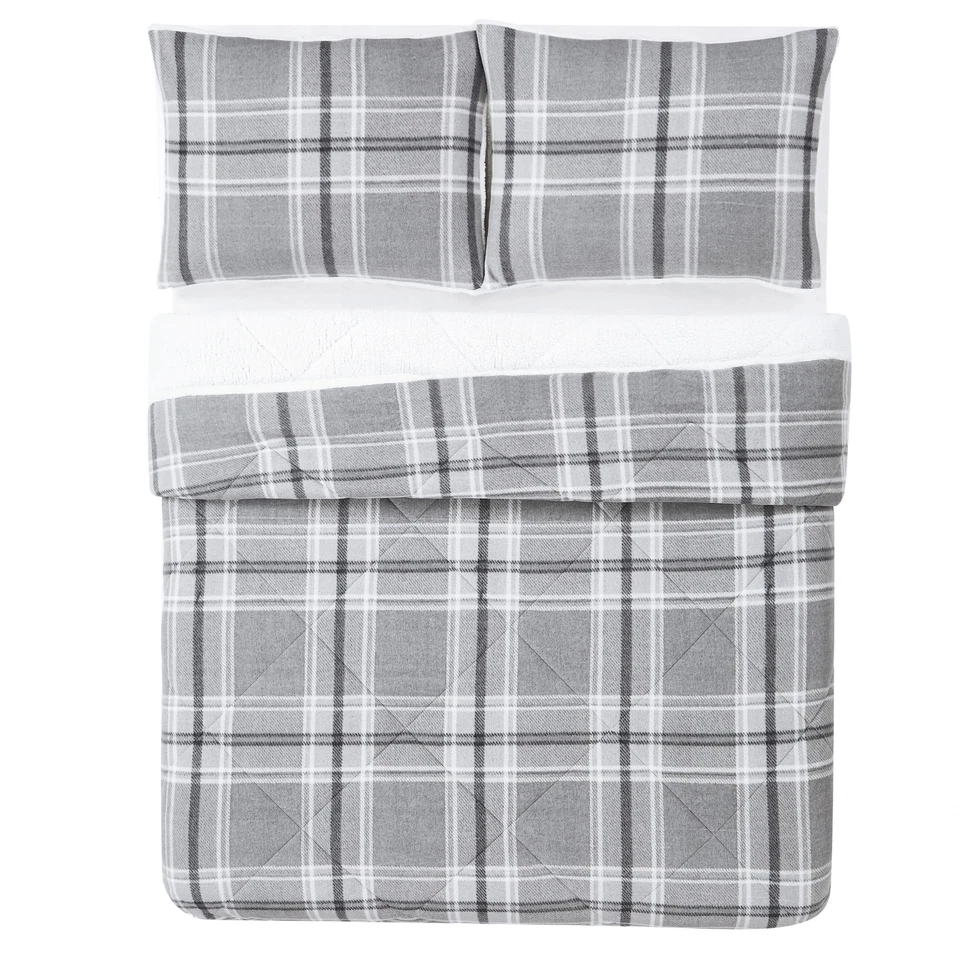 Juego de edredón de 3 piezas a cuadros de peluche Cannon acogedor gris doble/doble XL Foto 2 de 4