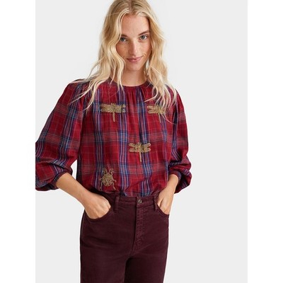 Desigual Dora Maar Blouse L NWT Plaid Embroidered Dragonfly Beetle Gold Novelty