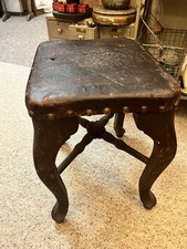 AAFA Antique Leather Wood Stool Early 1800s FABULOUS PATINA Queen Anne Mission