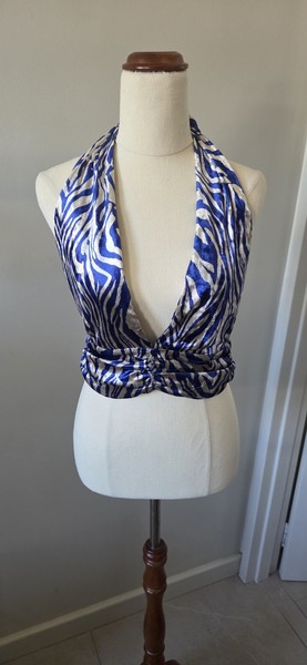 ​BY DYLN Womens S Blue Zebra Print Velvet Halter Crop Top Plunging V Neck Y2K 