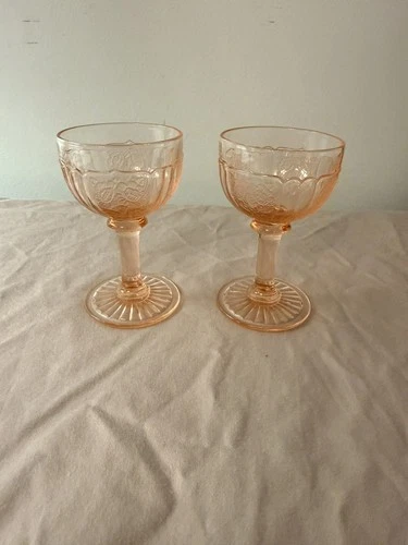 Set of 2 Anchor Hocking Pink Mayfair Open Rose Footed Cocktail Depression Glass