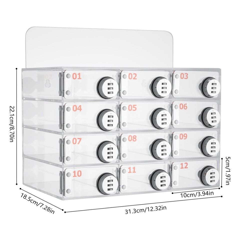 12 Slots Cell Phone Locker Box Transparent Acrylic Storage Box W/Locks ...