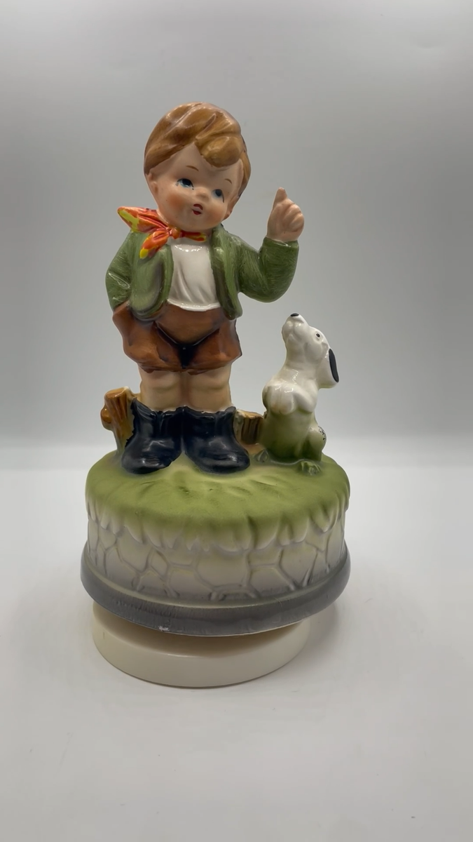 Vintage Porcelain Boy With Dog Rotating Hummel Like Music Box Made