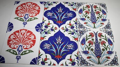 Iznik Textured Floral 8''x8'' Square Ceramic Tile Trivet Hot Plate Set of 6