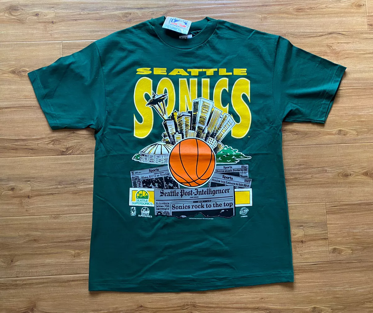 Vintage Seattle Sonics NBA All Over Graphic T-Shirt. Tagged As A Large