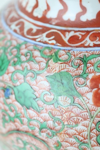 17th C Transitional perd Chongzhen - Kangxi Wucai peony phoenix jar 12" RESTORED - Picture 10 of 18