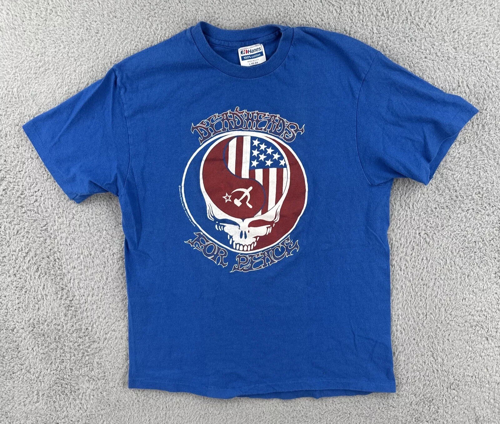 Vintage 1986 Grateful Dead Hanes Blue Deadheads For Peace Russia Concert T-Shirt