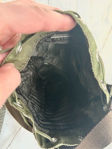 PRADA Mini DUET GREEN VELA NYLON BROWN Saffiano Trim Drawstring Bucket # 31 /28 - Picture 7 of 15