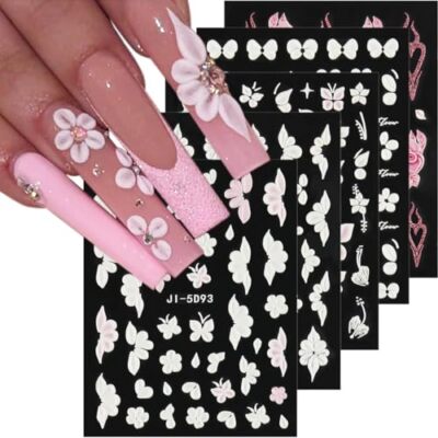 5D Embossed White Flowers Nail Stickers, 5 Sheets Self 5d White Flowers