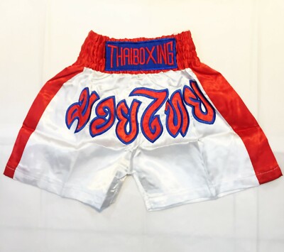 MUAY THAI KICK BOXING FIGHTING MARTIAL WHITE-RED KIDS JUNIOR XXS SHORTS  UNISEX