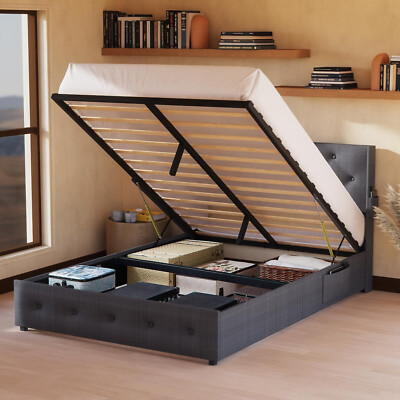Queen Size Platform Bed Frame w/ Headboard & USB Ports & Storage Dark Gray