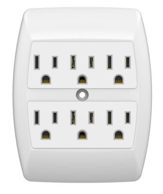 White 2 Outlet into 6 Outlet Adapter Grounded Wall Tap Indoor Electrical Plug