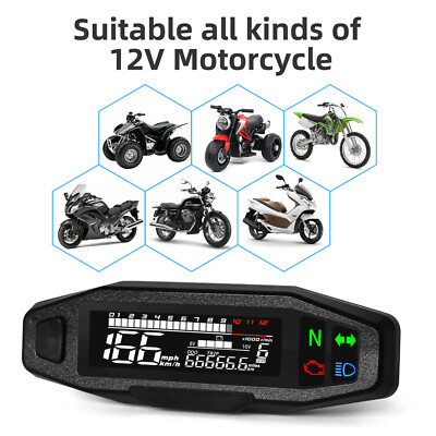 Universal LCD Digital Speedometer Odometer Tachometer 0-1200rpm for Motorcycle