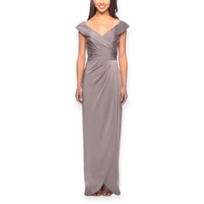 LA FEMME Surplice Off The Shoulder Column Gown In Pewter Size 0 NEW