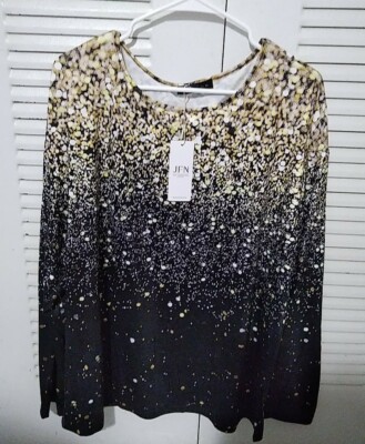 JFN Long Sleeve XL Round Neck Geometric Gradient Shiny Print Gold Black