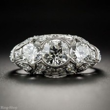 1.30ct Round Cut CZ Three Stone Art Deco Engagement Ring Sterling Silver