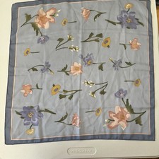 VINTAGE 1960's Designer Scarf Korea Watercolor Floral 20"x 19 SQUARE Blue Pink