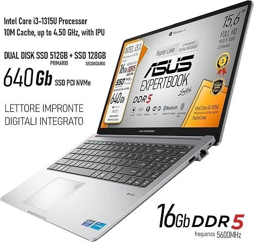 ASUS Expertbook PC Portatile Intel Core i3 1315U ram 16gb Nvme 640Gb windows 11 - Immagine 2 di 4