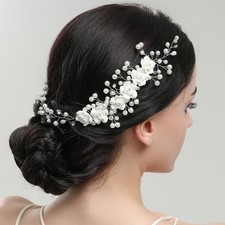 White Flower Bride Wedding Hair Comb Pearl Bridal Side Comb Hair Piece Hairwear