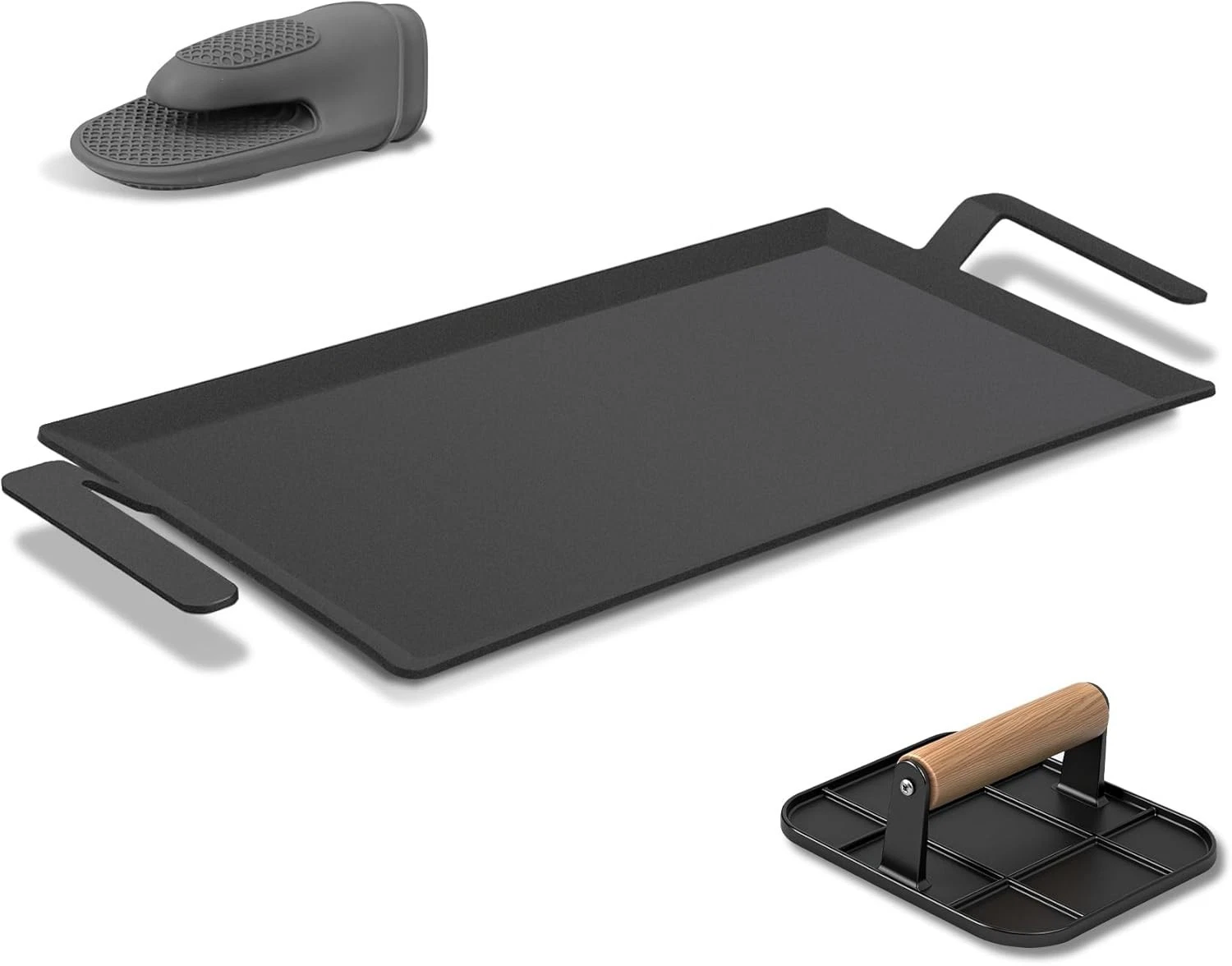 Mtaei Double Burner Griddle with Grill Press Black Carbon Steel 24"L x 10.5"W