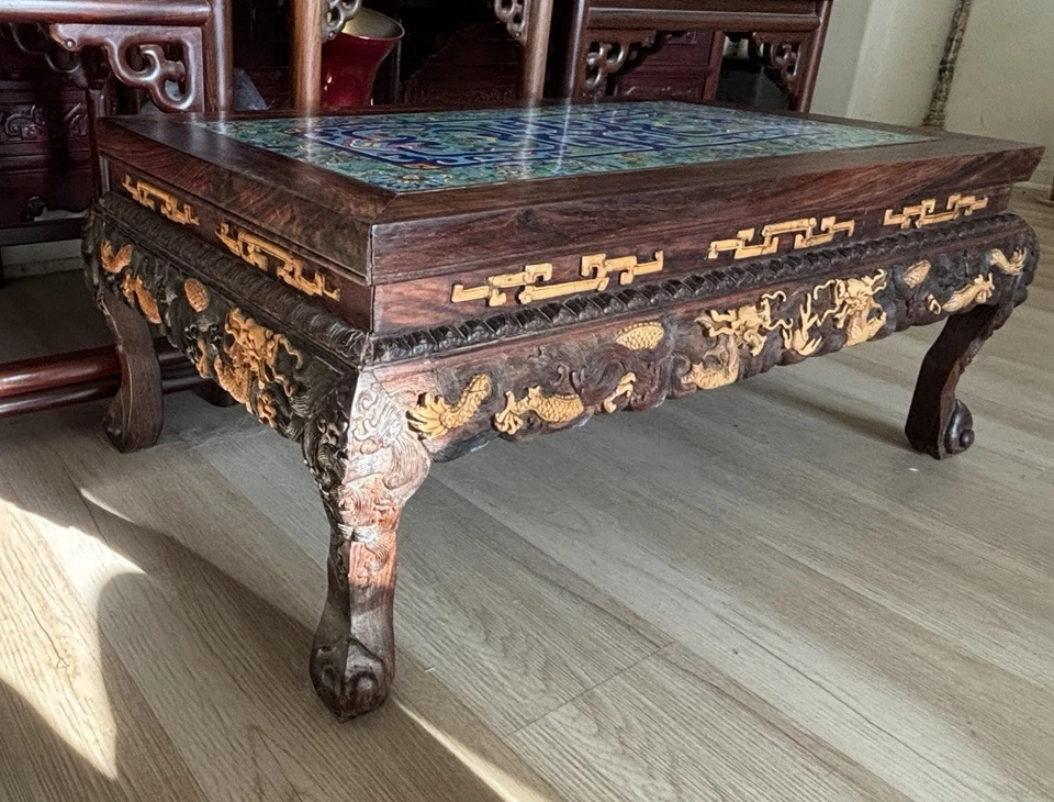 Antique Vintage Chinese Hardwood  Table With Cloisonne Inlay on Top - Image 3 of 4