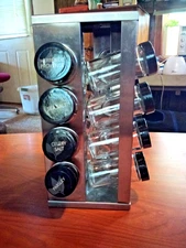 2016 Kamenstein 16 Jar Revolving Spice Rack w/Jars & Labels. Stainless/Glass