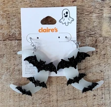 Claire's Halloween Shimmer Bat Hook Earrings Glow In The Dark Moon Made In USA