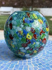 Vintage Murano Art Glass Vase Aqua Millefiore, Signed Seguso