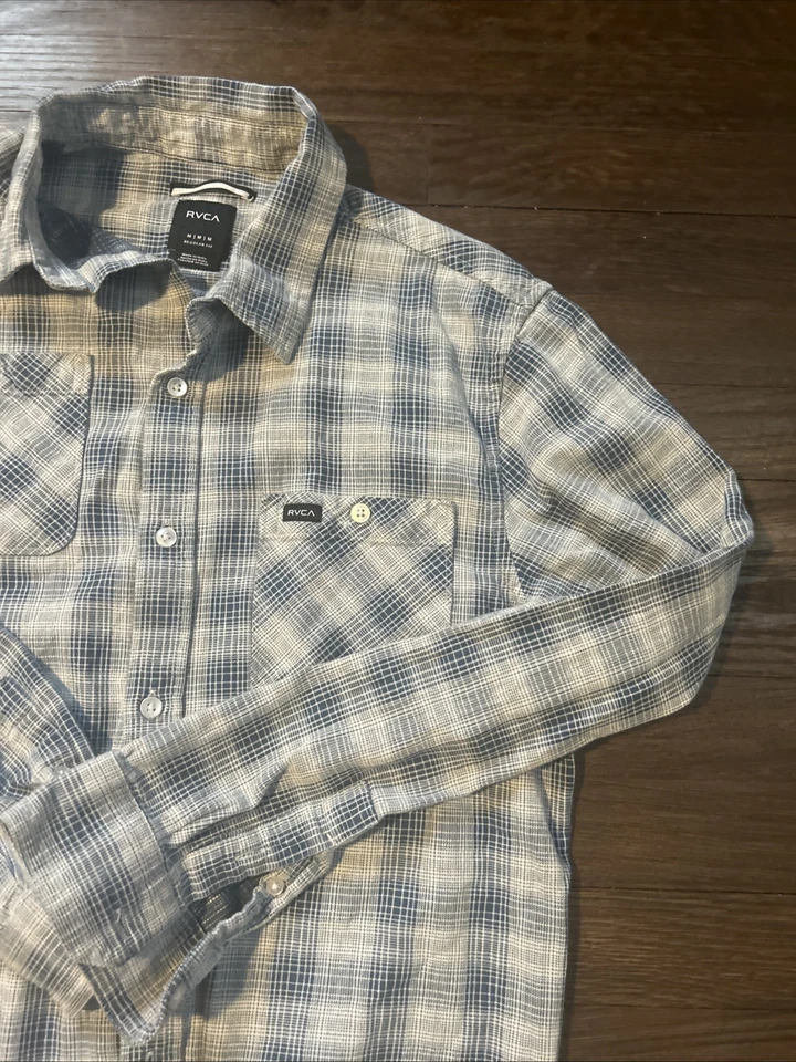 Camisa RVCA Para Hombres Mediana Azul Gris Franela a Cuadros Buttondown Manga Larga Cuello Foto 2 de 4