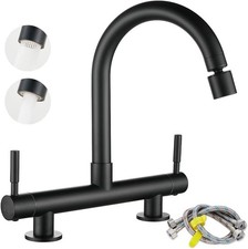 2 Hole Kitchen Mixer Tap Black Dual Lever Brass Sink Tap 2 Spray Modes UK