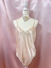Vintage 1980s 1990s Pink Satin Teddy Chemical Lace Lingerie