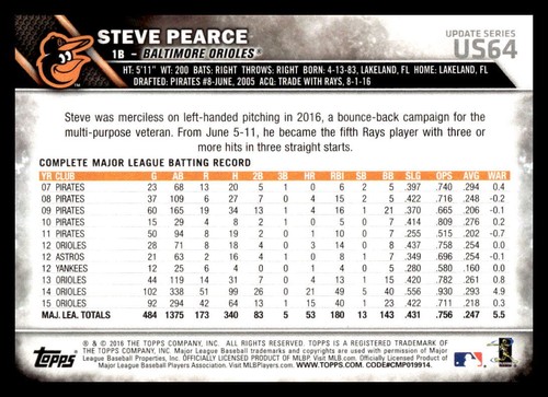 2016 Topps Update Steve Pearce #US64 Baltimore Orioles Baseball Card - Picture 2 of 2