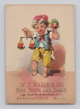 Victorian Trade Card Child Scale w/ Hearts W.P. Marsh Boots Shoes Springfield MA