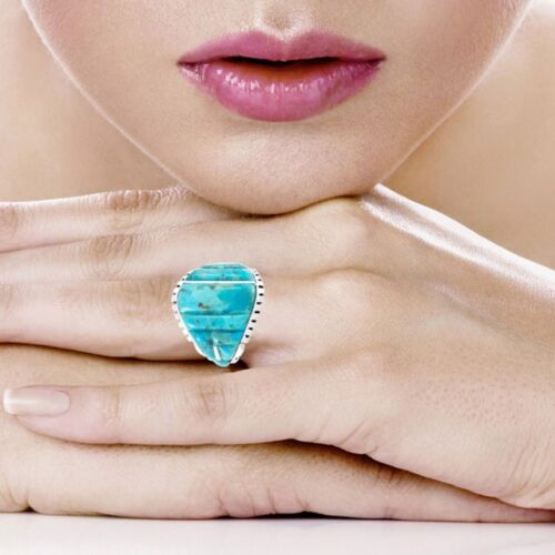 STUNNING ZUNI STYLE GENUINE TURQUOISE HANDCRAFTED INLAY 925 STERLING RING SZ 8 - Picture 4 of 6