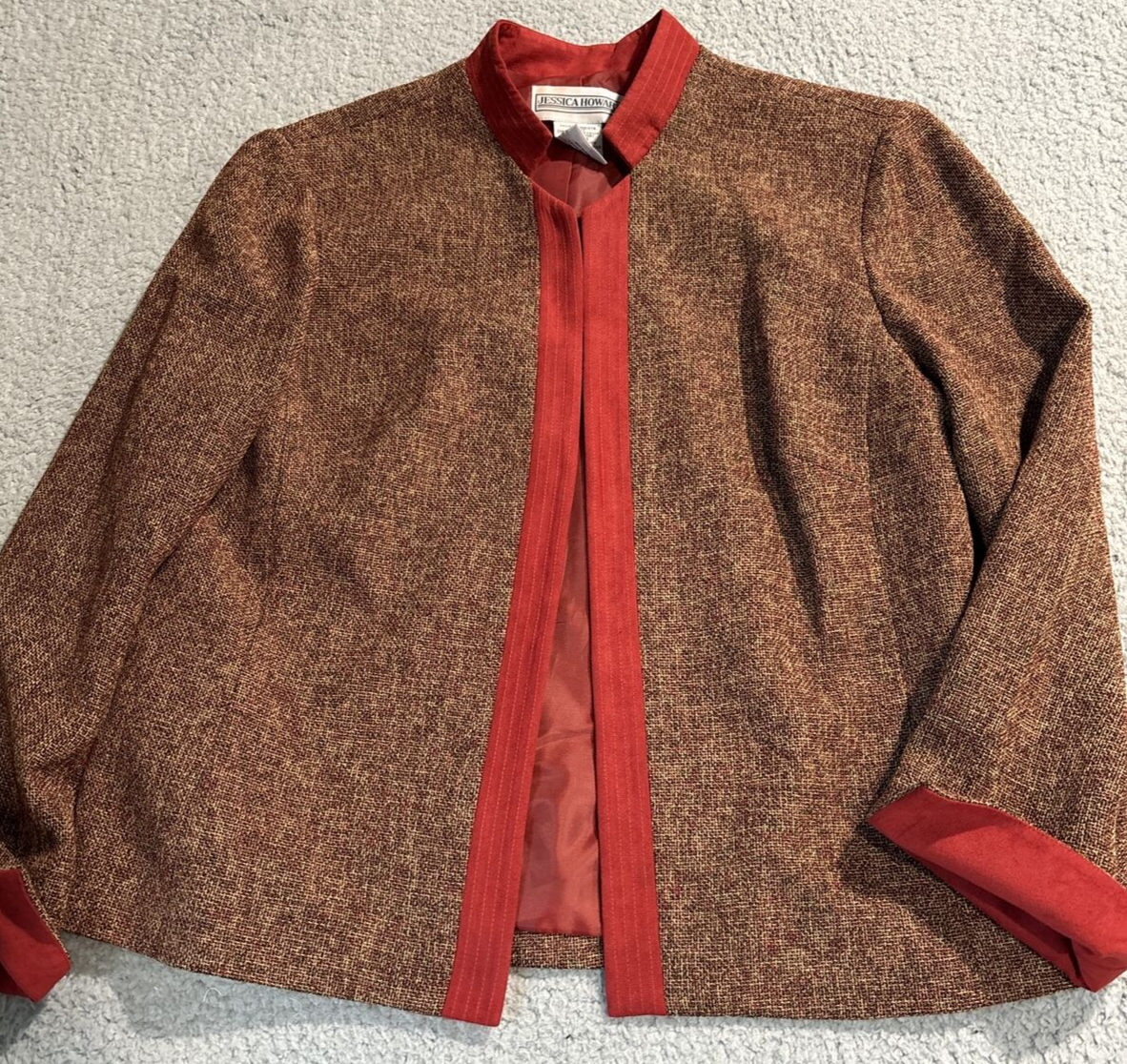Jessica Howard Womens Open Front Jacket Blazer Lined Tweed Rust 14 Flip Cuff