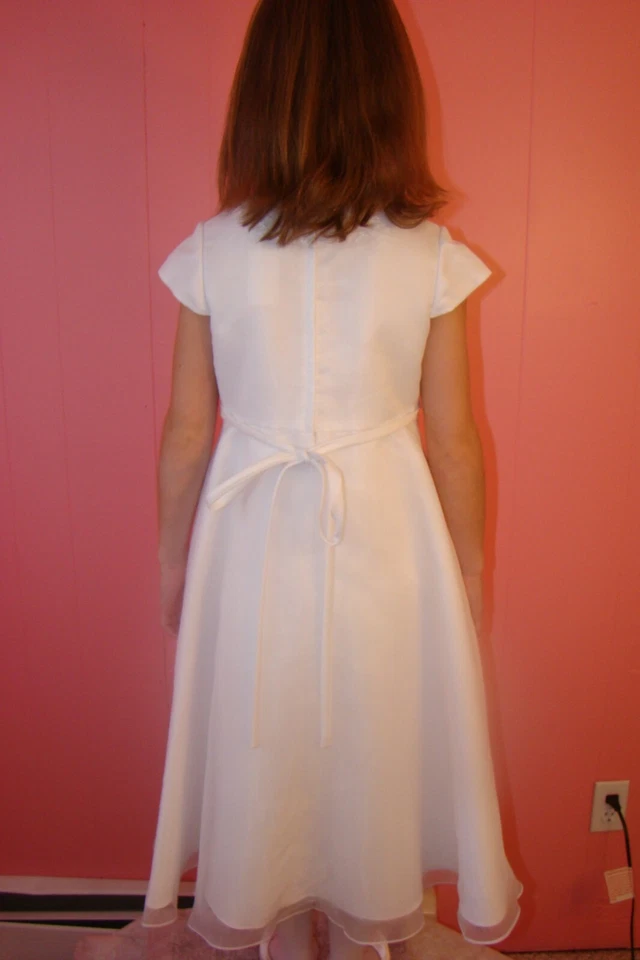 Vestido Primera Comunión US Angels Estilo #239 Talla 6X Blanco Satinado Organza S/S Foto 4 de 4